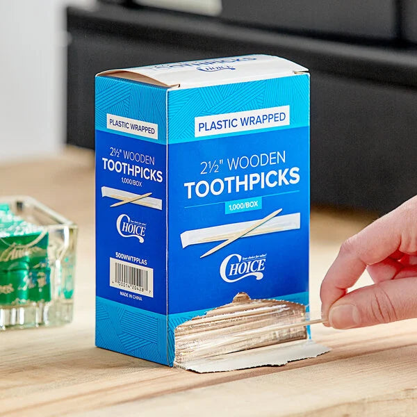 Choice 2 1/2" Plain Plastic Wrapped Round Toothpicks in Dispenser Box - 1,000/Box